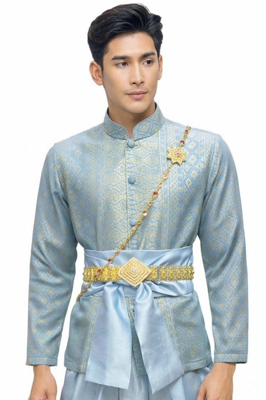 Thai Wedding Outfit For Men "Chut Thai" Sky Blue Silk Attire Traditional Formal Wear | Siam Regal