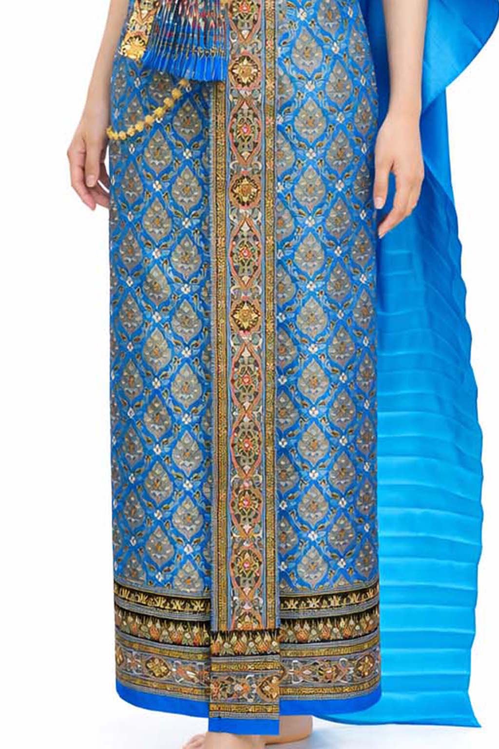 Ladies Sky Blue Traditional Thai Outfit - 2 Piece Dress Set Sarong & Sash Wedding Formal Attire