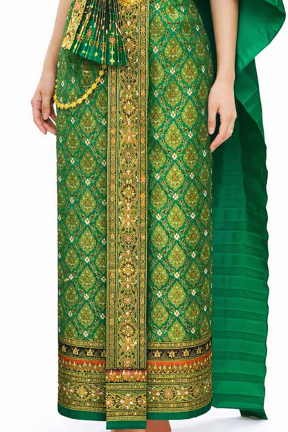 Ladies Green Traditional Thai Outfit - 2 Piece Dress Set Sarong & Sash Wedding Formal Attire