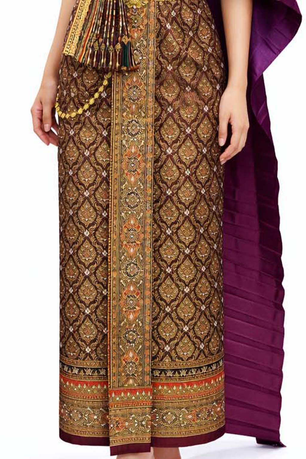 Ladies Mangosteen Traditional Thai Outfit - 2 Piece Dress Set Sarong & Sash Wedding Formal Attire