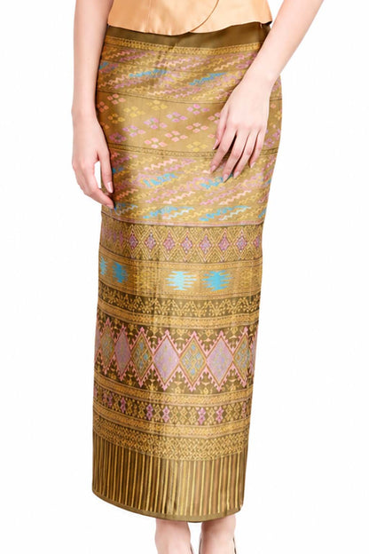 Golden Sugar Thai Traditional Women's Silk Style Blouse and Long Sarong Skirt Set – Elegant Thai Formal Outfit, Traditional Thai Dress, Wedding Guest, Temple Wear, Cultural Ceremony Attire, Thai National Costume