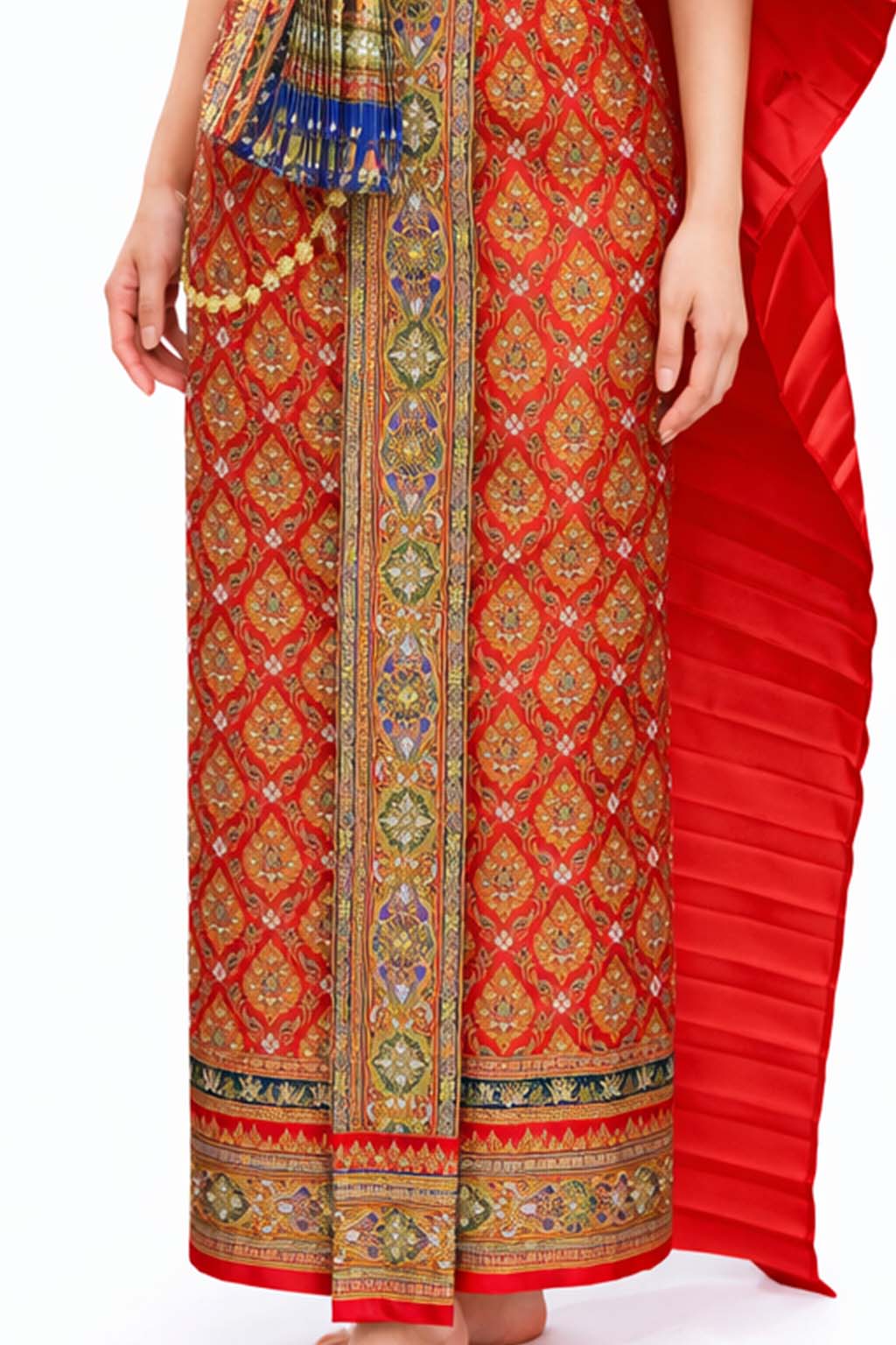 Ladies Red Traditional Thai Outfit - 2 Piece Dress Set Sarong & Sash Wedding Formal Attire