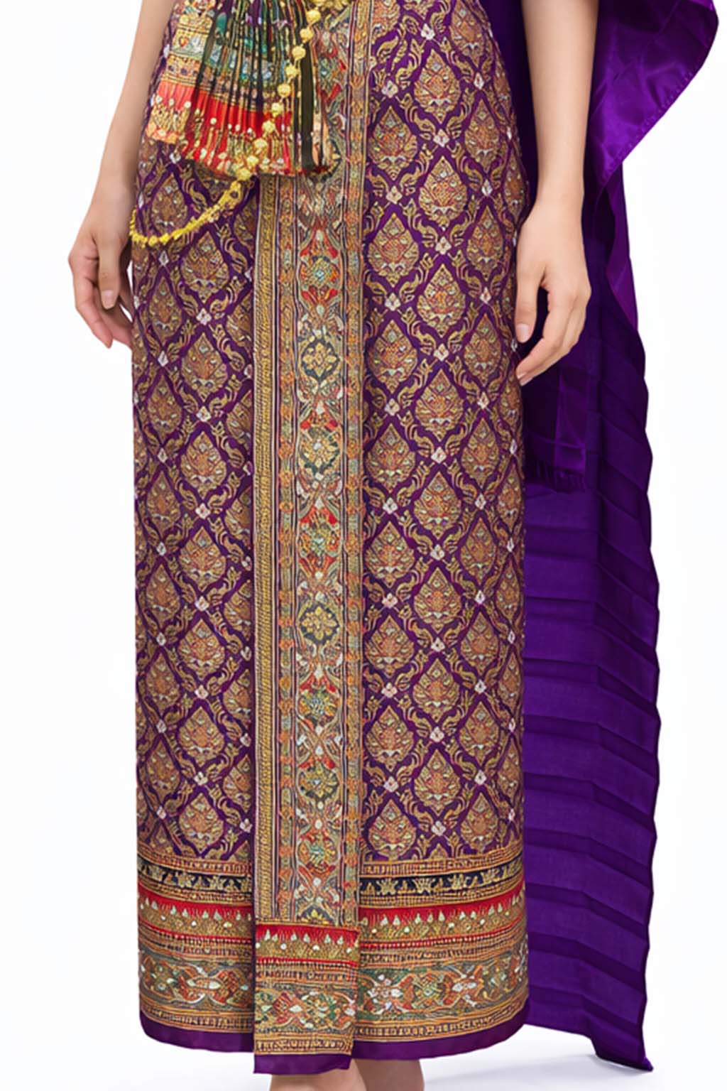 Ladies Purple Traditional Thai Outfit - 2 Piece Dress Set Sarong & Sash Wedding Formal Attire