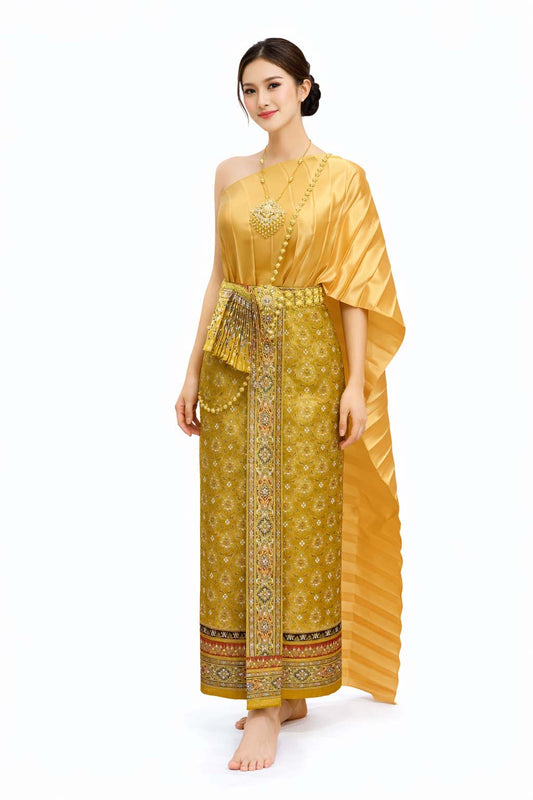 Ladies Gold Traditional Thai Outfit - 2 Piece Dress Set Sarong & Sash Wedding Formal Attire