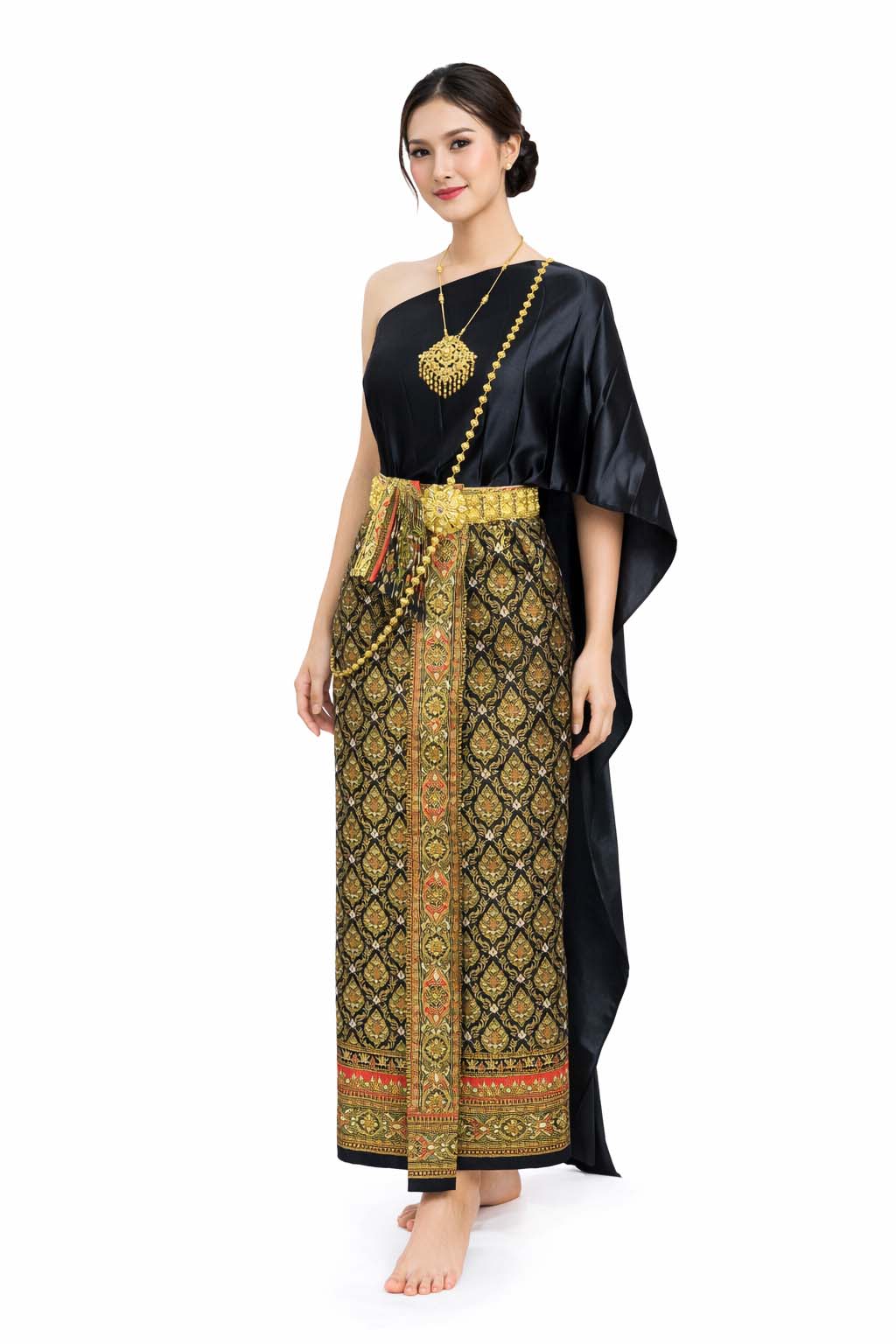 Ladies Black Traditional Thai Outfit - 2 Piece Dress Set Sarong & Sash Wedding Formal Attire