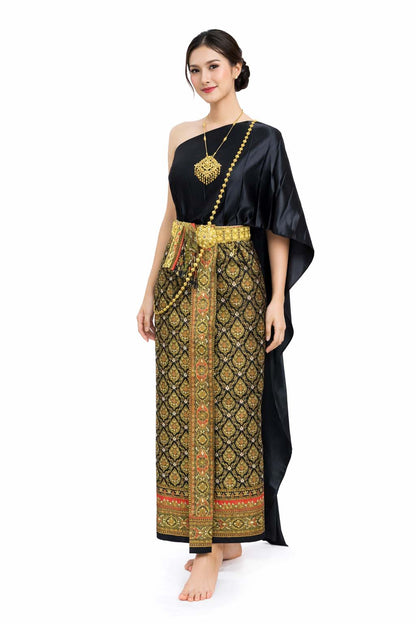 Ladies Black Traditional Thai Outfit - 2 Piece Dress Set Sarong & Sash Wedding Formal Attire