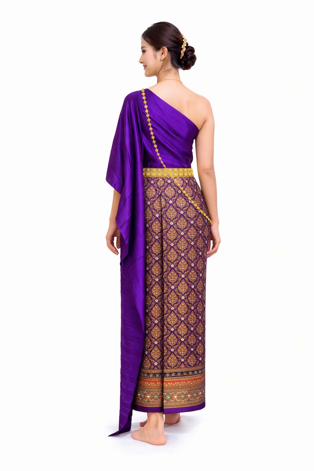 Ladies Purple Traditional Thai Outfit - 2 Piece Dress Set Sarong & Sash Wedding Formal Attire