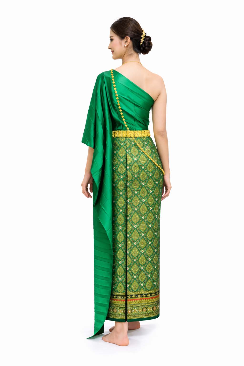 Ladies Green Traditional Thai Outfit - 2 Piece Dress Set Sarong & Sash Wedding Formal Attire