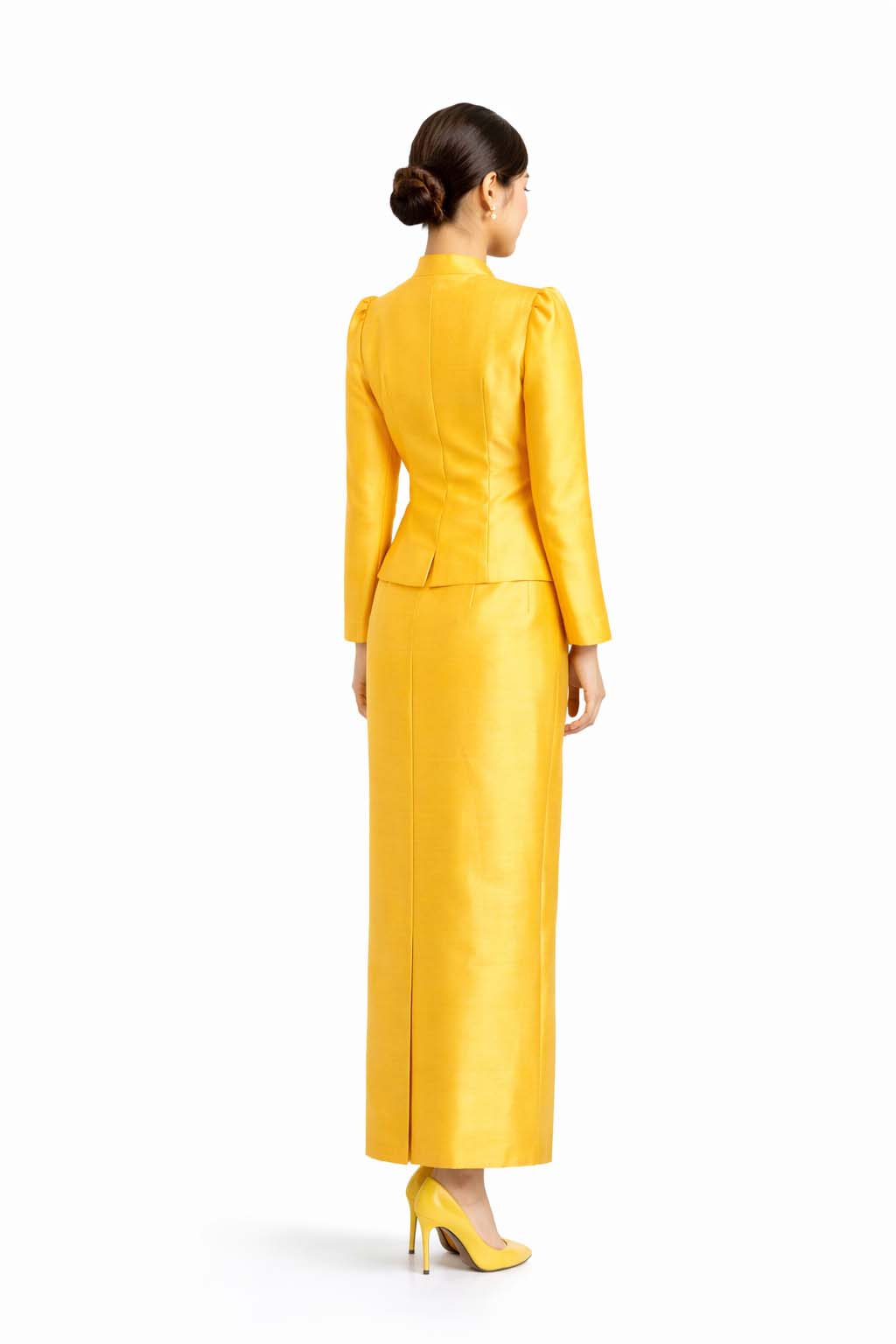 Ladies Dark Yellow Elegant Thai Silk 2 Piece Outfit - Fitted Blouse & Skirt Formal Wedding Attire (Copy)