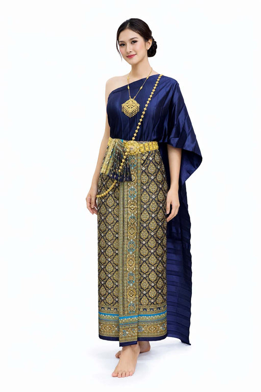 Ladies Dark Blue Traditional Thai Outfit - 2 Piece Dress Set Sarong & Sash Wedding Formal Attire