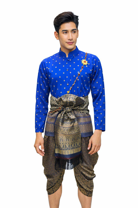 Thai Wedding Outfit For Men "Chut Thai" Blue Silk Attire Traditional Formal Wear | Siam Regal