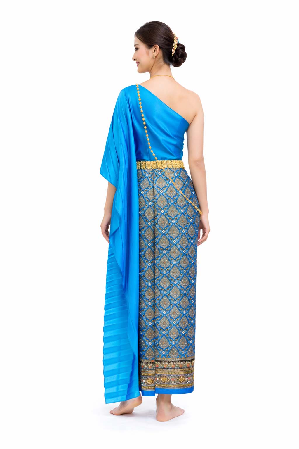 Ladies Sky Blue Traditional Thai Outfit - 2 Piece Dress Set Sarong & Sash Wedding Formal Attire