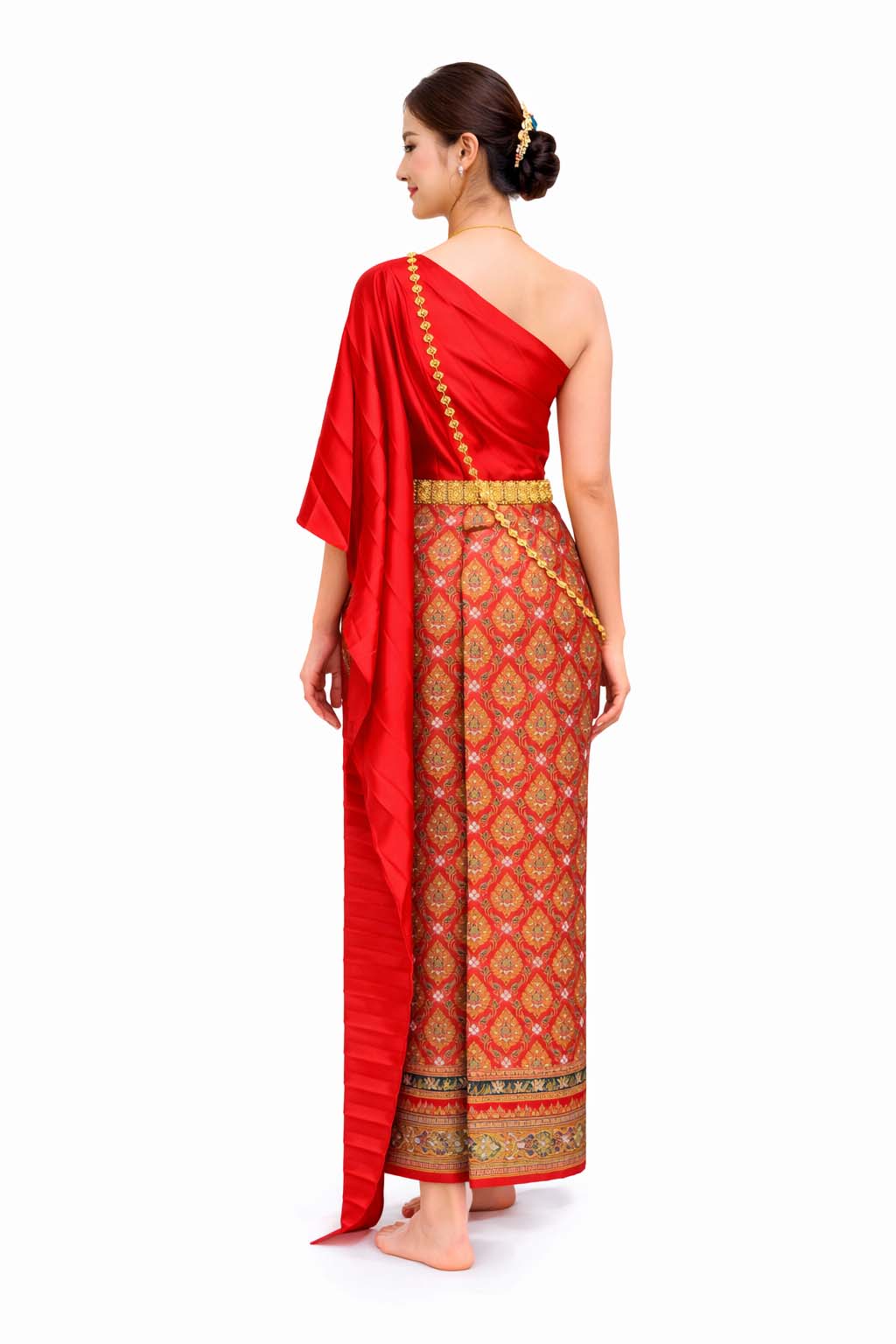 Ladies Red Traditional Thai Outfit - 2 Piece Dress Set Sarong & Sash Wedding Formal Attire