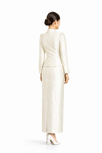 Ladies Ivory White Elegant Thai Silk 2 Piece Outfit - Fitted Blouse & Skirt Formal Wedding Attire