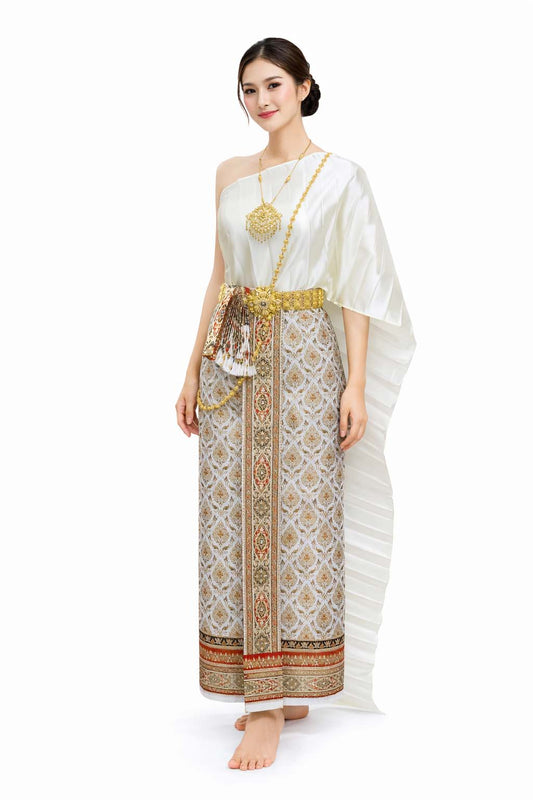 Ladies White Traditional Thai Outfit - 2 Piece Dress Set Sarong & Sash Wedding Formal Attire
