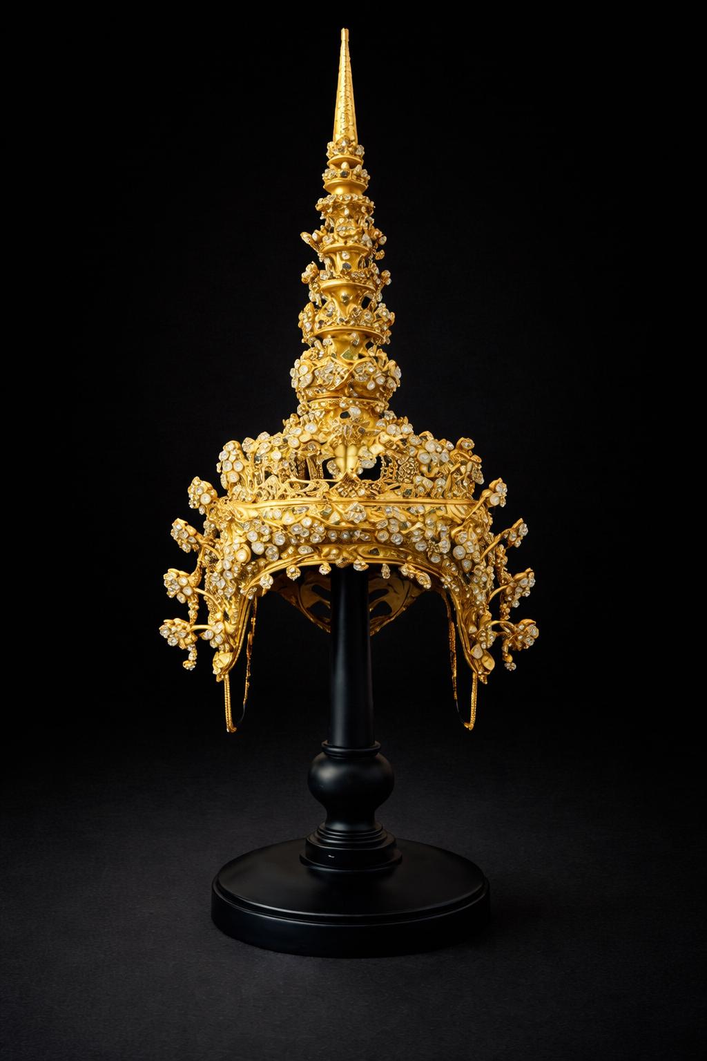 Thai Ornate Headdress: King & Queen Traditional Gold Antique Crown, Wedding Cultural Dance