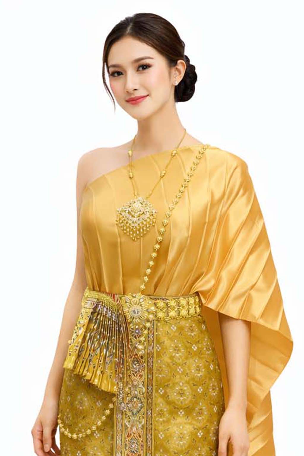Ladies Gold Traditional Thai Outfit - 2 Piece Dress Set Sarong & Sash Wedding Formal Attire