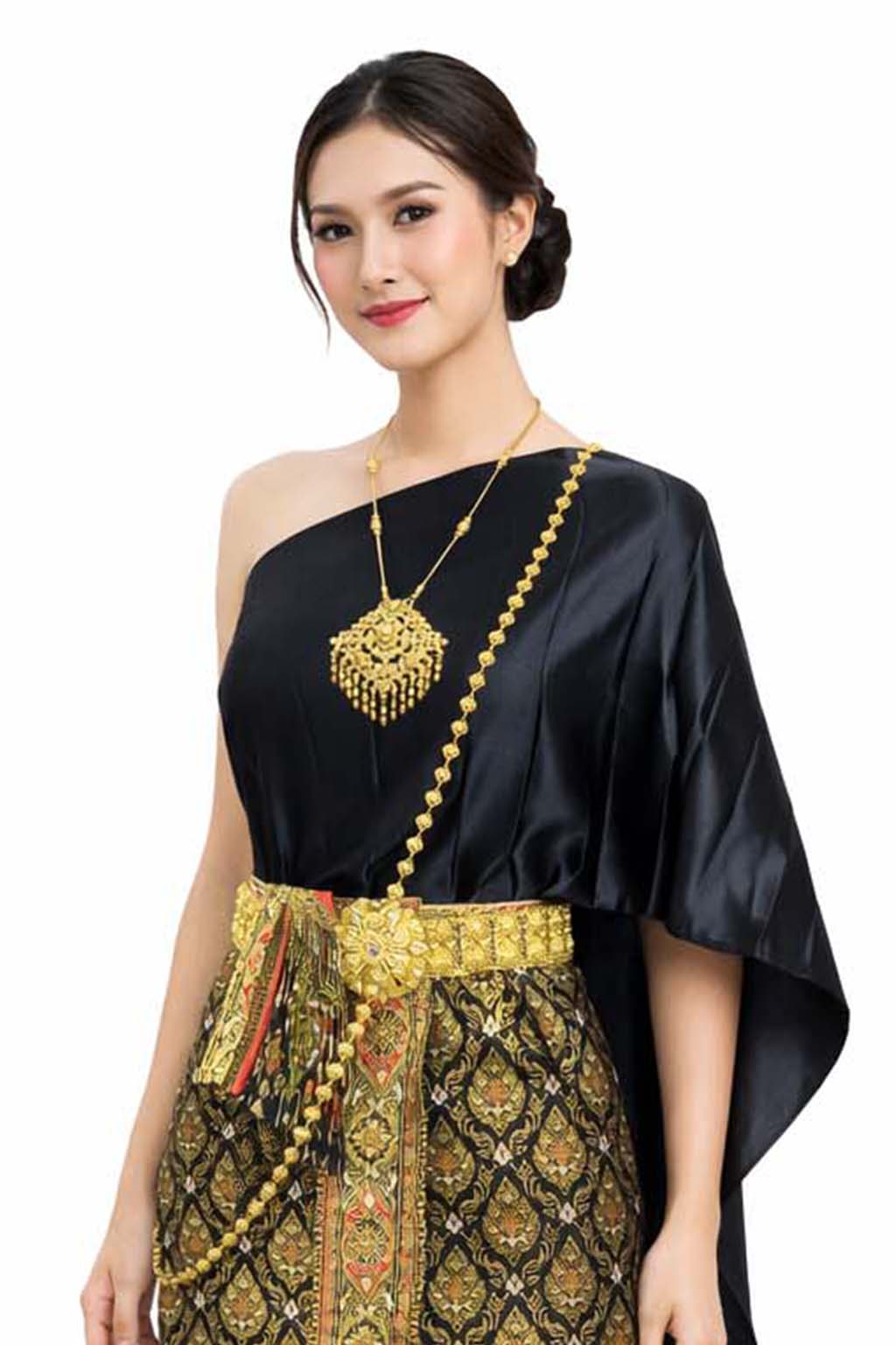 Ladies Black Traditional Thai Outfit - 2 Piece Dress Set Sarong & Sash Wedding Formal Attire