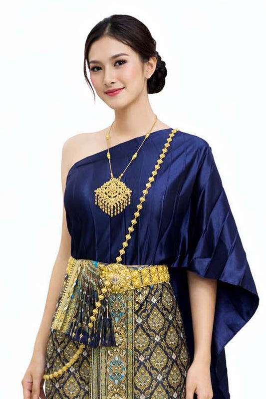 Ladies Dark Blue Traditional Thai Outfit - 2 Piece Dress Set Sarong & Sash Wedding Formal Attire