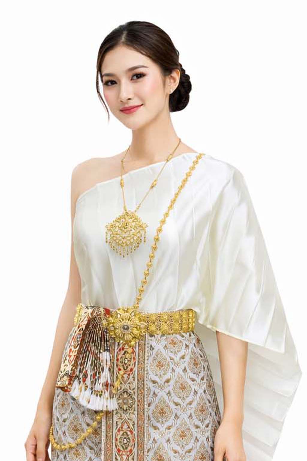 Ladies White Traditional Thai Outfit - 2 Piece Dress Set Sarong & Sash Wedding Formal Attire