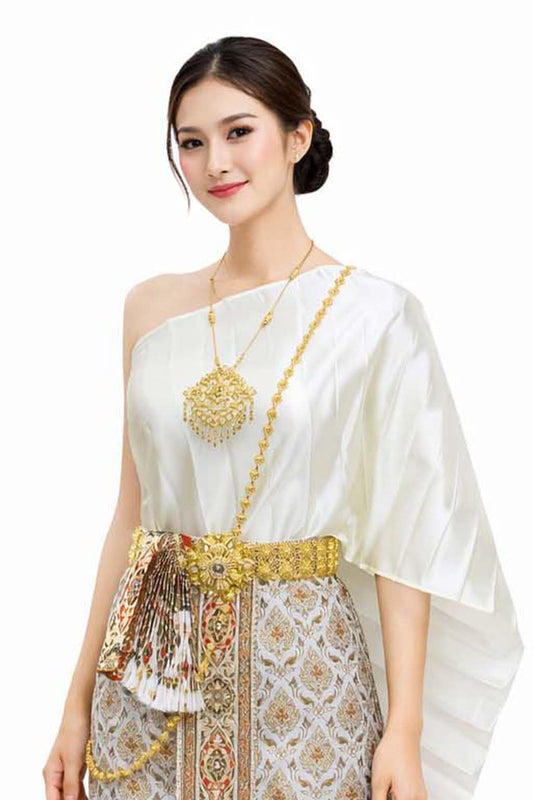 Ladies White Traditional Thai Outfit - 2 Piece Dress Set Sarong & Sash Wedding Formal Attire