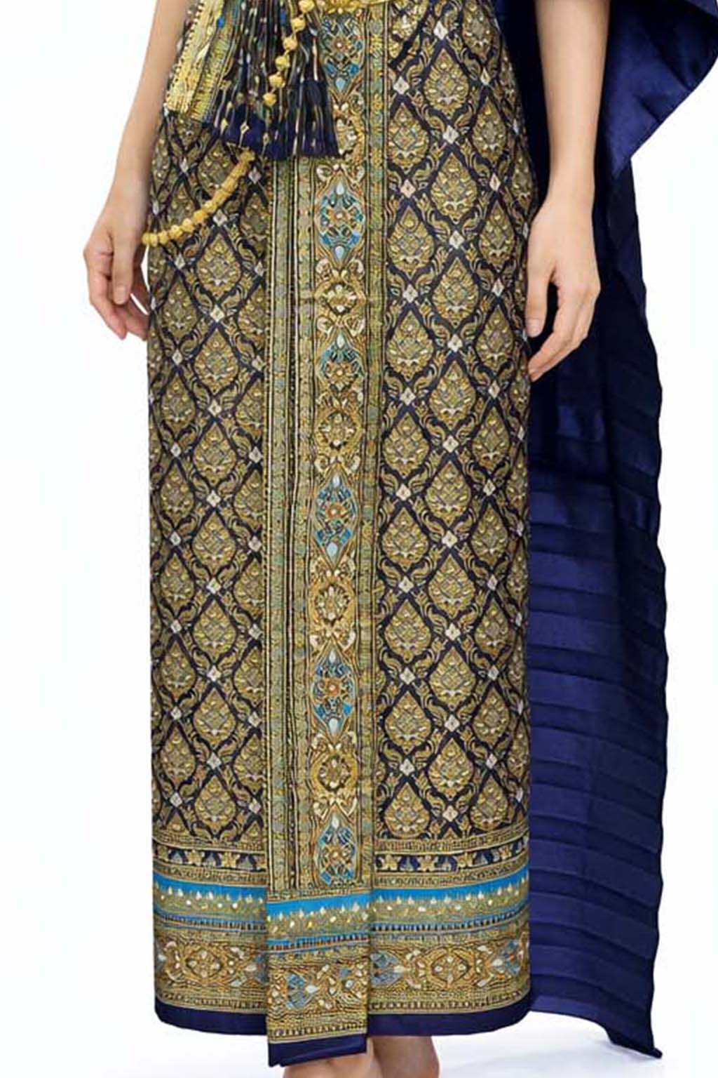 Ladies Dark Blue Traditional Thai Outfit - 2 Piece Dress Set Sarong & Sash Wedding Formal Attire