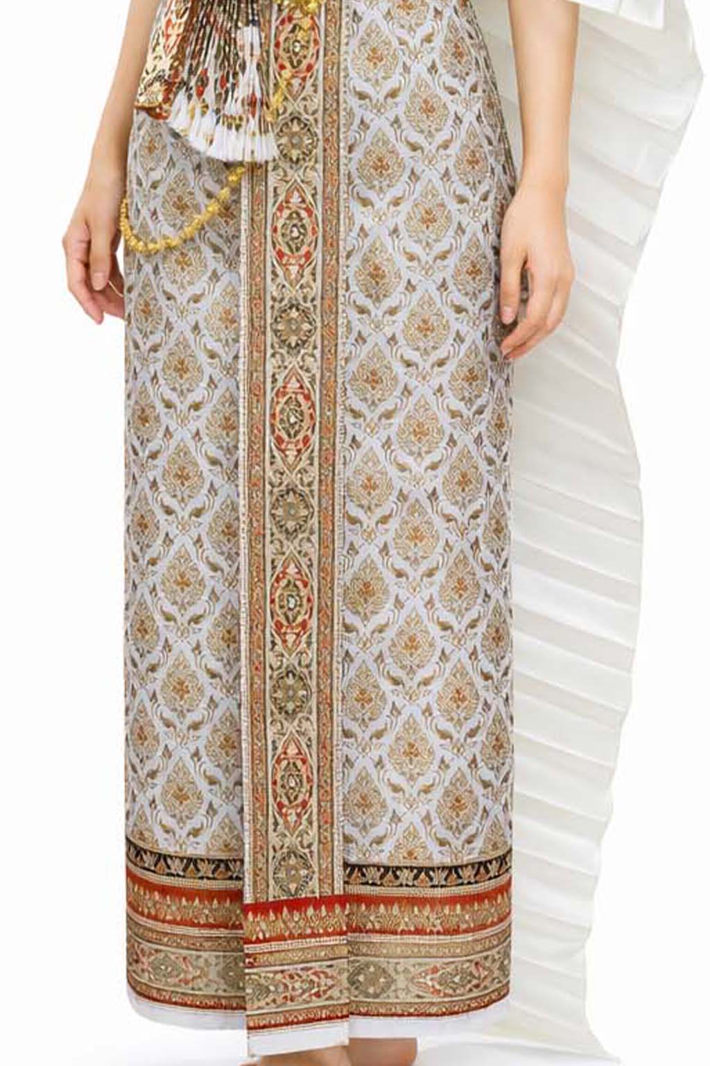 Ladies White Traditional Thai Outfit - 2 Piece Dress Set Sarong & Sash Wedding Formal Attire