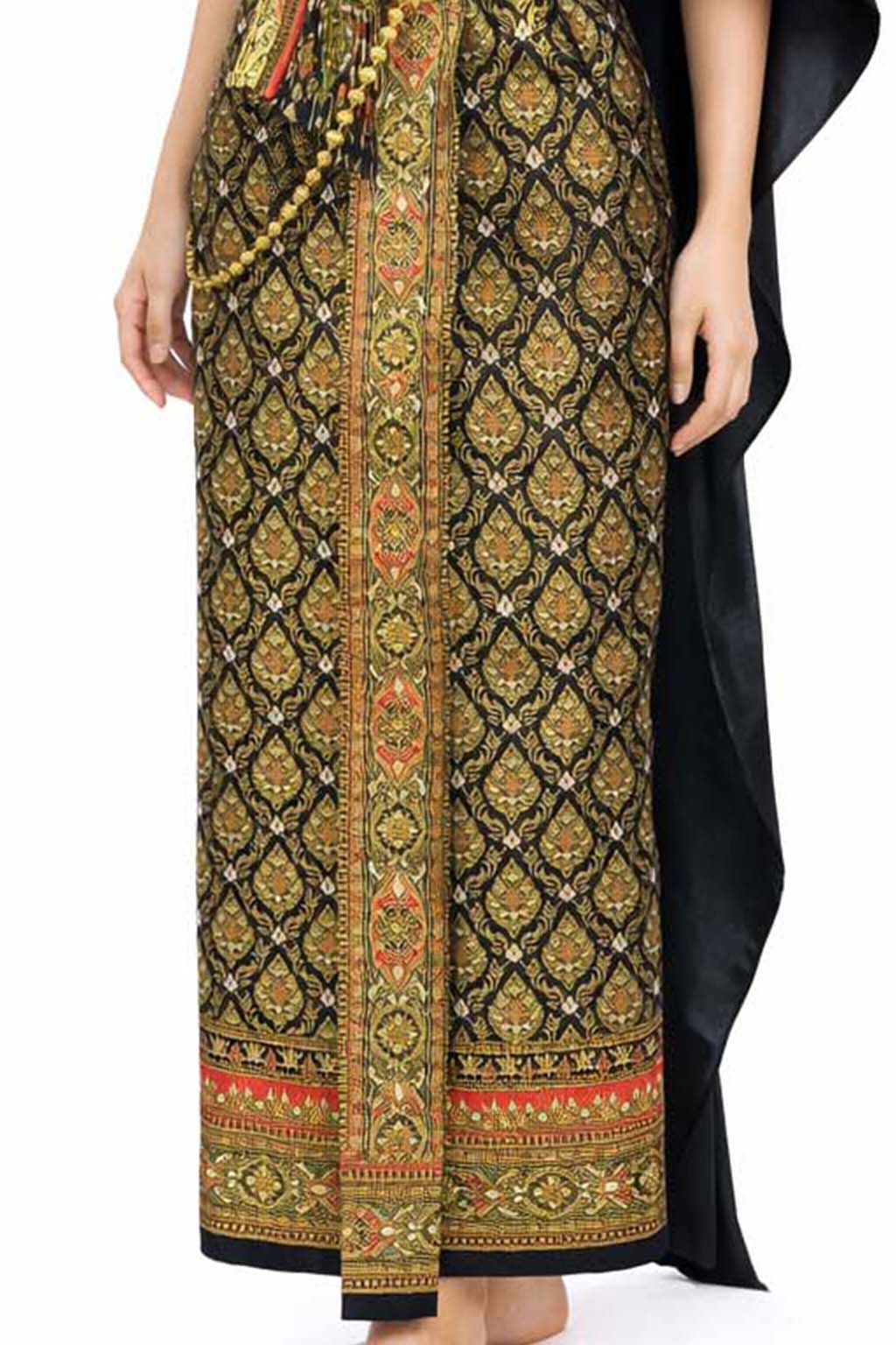 Ladies Black Traditional Thai Outfit - 2 Piece Dress Set Sarong & Sash Wedding Formal Attire