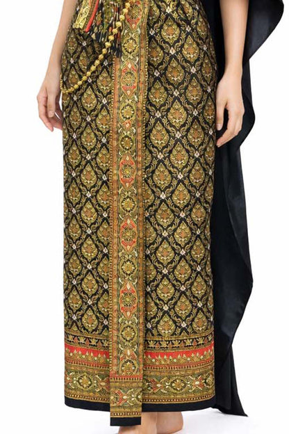 Ladies Black Traditional Thai Outfit - 2 Piece Dress Set Sarong & Sash Wedding Formal Attire