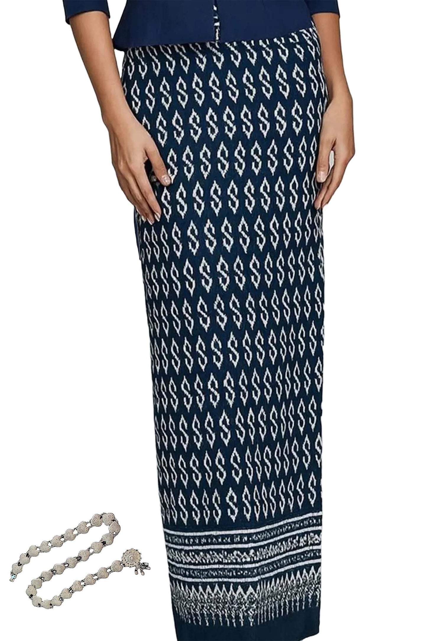 Elegant Blue Blouse & Traditional Thai Sarong Cotton Set – Women’s Formal Outfit, Asian Ethnic Wear, Handmade Ikat Skirt, Cultural Clothing