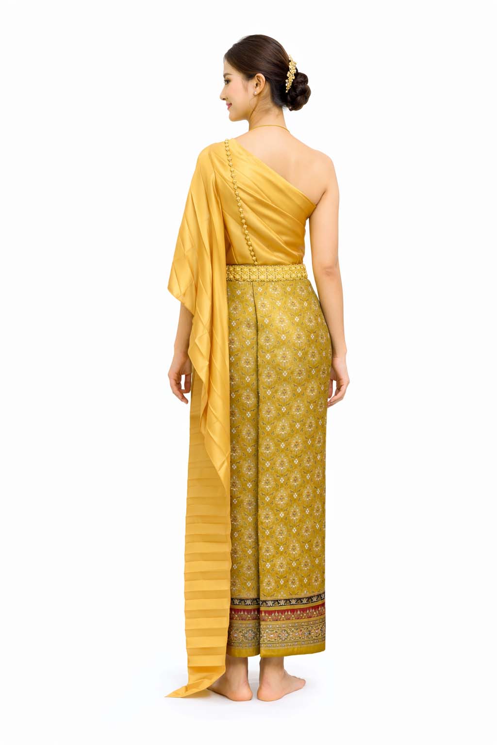 Ladies Gold Traditional Thai Outfit - 2 Piece Dress Set Sarong & Sash Wedding Formal Attire