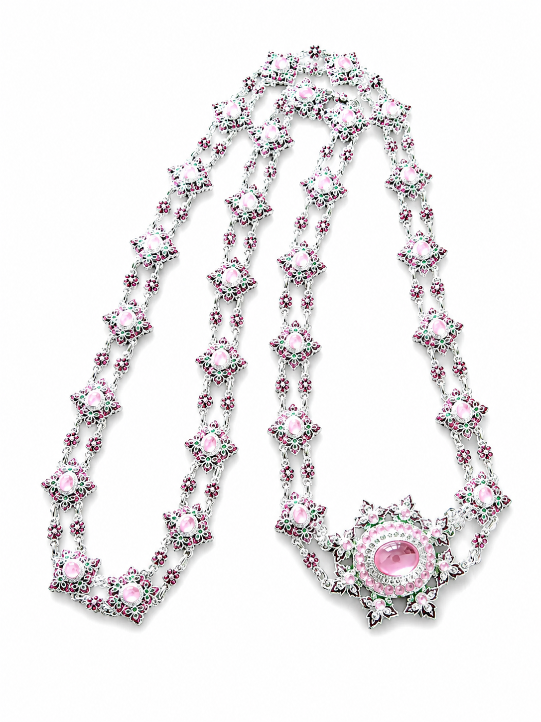 Authentic Thai wedding jewelry set in silver featuring an ornate statement necklace, matching earrings, engraved waist belt and traditional shoulder chain with pink gemstone accents. Inspired by classic Thai royal bridal jewelry, this luxury Thai accessory set is perfect for Thai weddings, cultural ceremonies, traditional dance, festivals, pageants and formal occasions. Amazon Etsy eBay Siam Regal