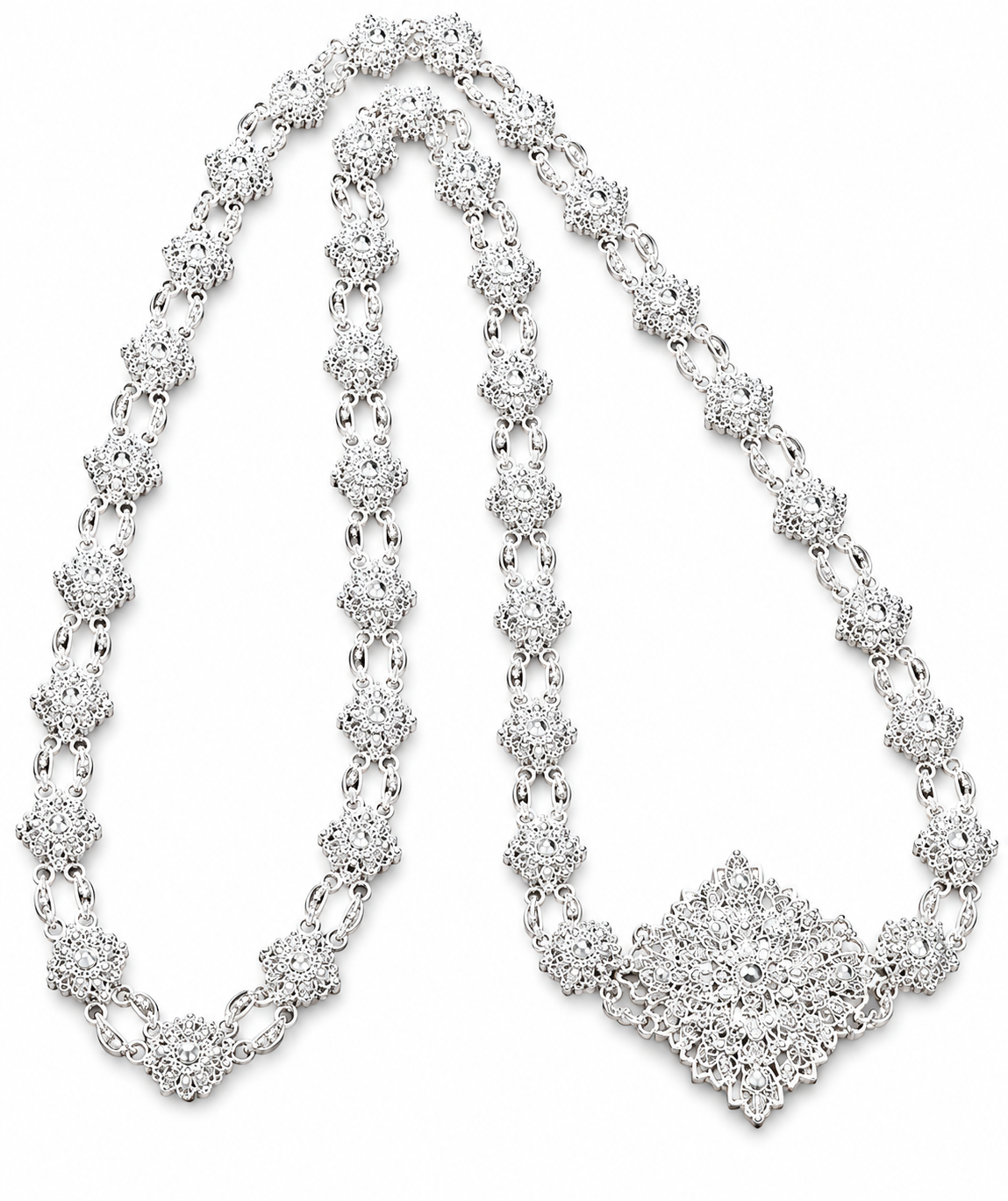 Authentic Thai wedding jewelry set in silver featuring an ornate statement necklace, matching earrings, engraved waist belt and traditional shoulder chain with clear gemstone accents. Inspired by classic Thai royal bridal jewelry, this luxury Thai accessory set is perfect for Thai weddings, cultural ceremonies, traditional dance, festivals, pageants and formal occasions. Amazon Etsy eBay Siam Regal