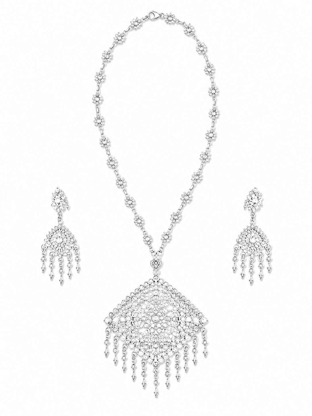 Authentic Thai wedding jewelry set in silver featuring an ornate statement necklace, matching earrings, engraved waist belt and traditional shoulder chain with clear gemstone accents. Inspired by classic Thai royal bridal jewelry, this luxury Thai accessory set is perfect for Thai weddings, cultural ceremonies, traditional dance, festivals, pageants and formal occasions. Amazon Etsy eBay Siam Regal