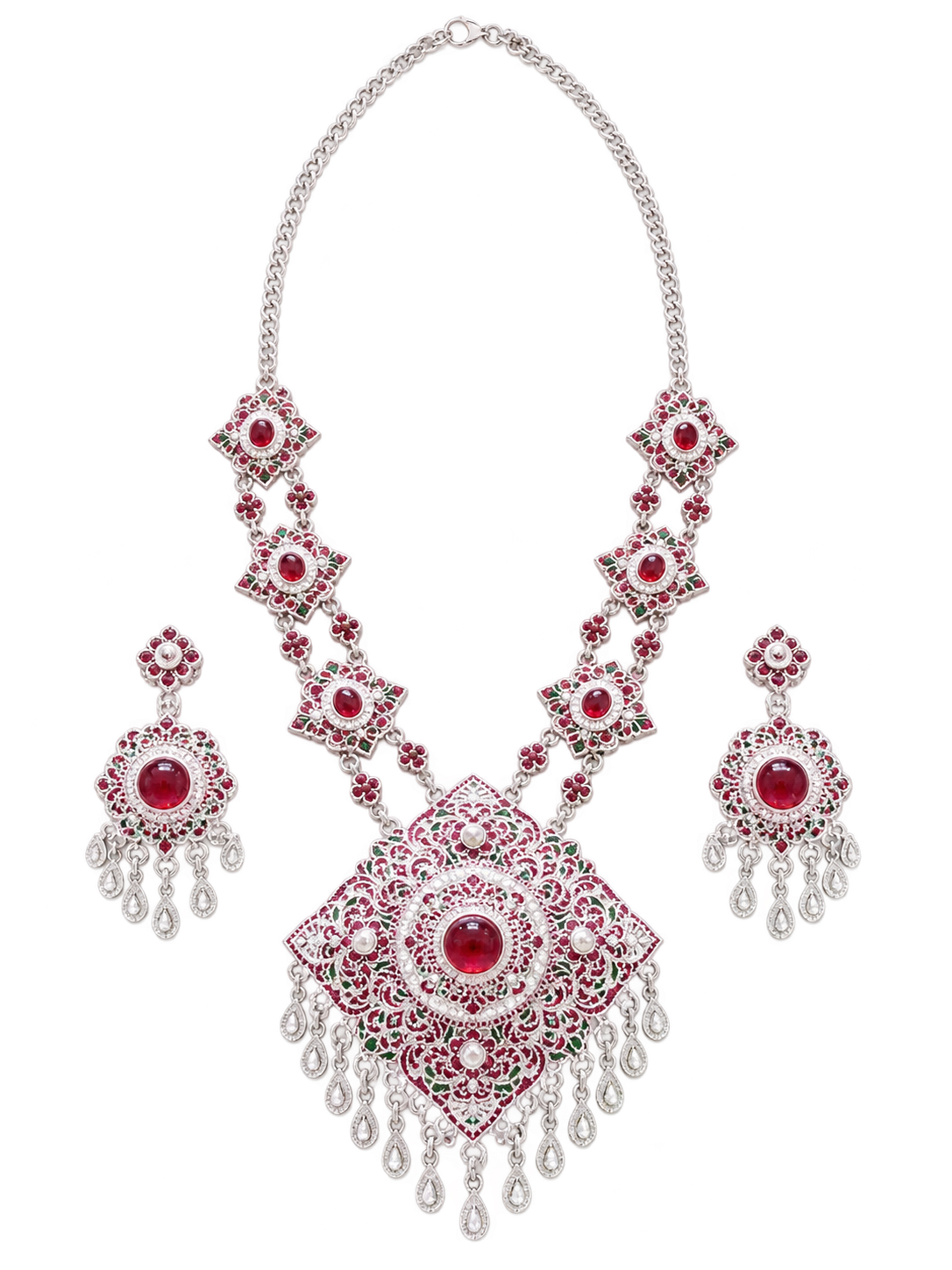 Thai Traditional Bridal Jewelry Set – Silver with Red Stones 🇹🇭