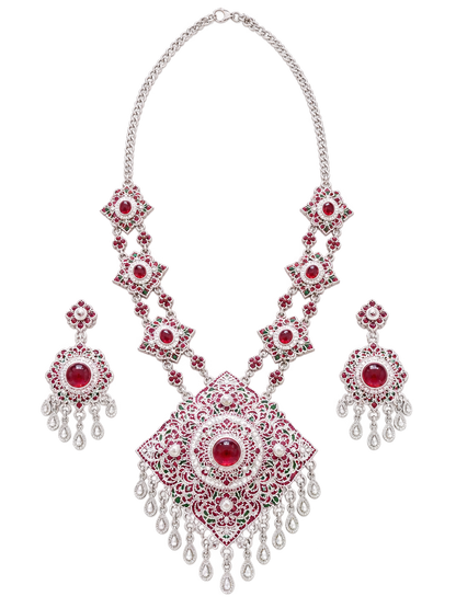 Thai Traditional Bridal Jewelry Set – Silver with Red Stones 🇹🇭