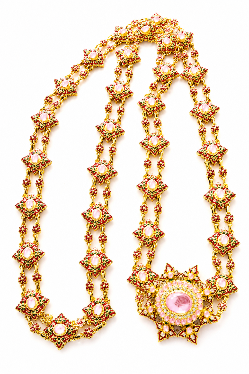 Authentic Thai wedding jewelry set in gold featuring an ornate statement necklace, matching earrings, engraved waist belt and traditional shoulder chain with pink gemstone accents. Inspired by classic Thai royal bridal jewelry, this luxury Thai accessory set is perfect for Thai weddings, cultural ceremonies, traditional dance, festivals, pageants and formal occasions. Amazon Etsy eBay Siam Regal