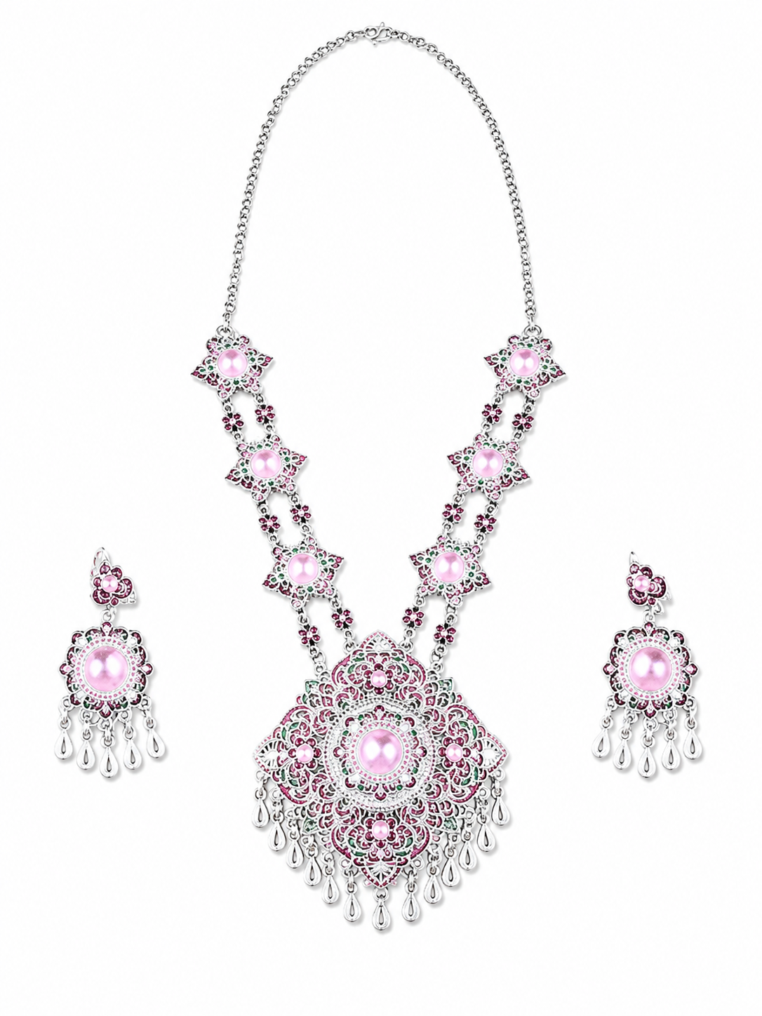 Authentic Thai wedding jewelry set in silver featuring an ornate statement necklace, matching earrings, engraved waist belt and traditional shoulder chain with pink gemstone accents. Inspired by classic Thai royal bridal jewelry, this luxury Thai accessory set is perfect for Thai weddings, cultural ceremonies, traditional dance, festivals, pageants and formal occasions. Amazon Etsy eBay Siam Regal