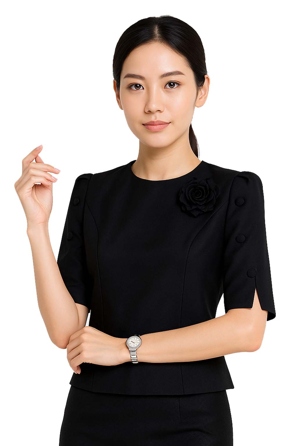 Ladies authentic Thai silk blouse for women with elegant half sleeves, round neckline, decorative fabric-covered buttons, floral brooch detail and a tailored fitted silhouette. Paired with a traditional Thai patterned sarong skirt, this classic Thai formal outfit is perfect for weddings, temple visits, cultural ceremonies, festivals, receptions and special occasions. Amazon Etsy eBay Siam Regal
