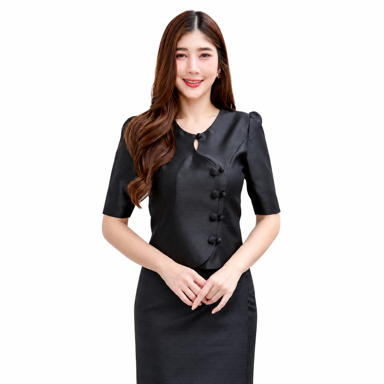Ladies authentic Thai silk blouse for women with elegant half sleeves, round neckline, traditional fabric-covered buttons, asymmetrical wrap-front design and tailored fitted silhouette. Paired with a matching Thai silk skirt, this classic Thai formal outfit is perfect for weddings, temple visits, cultural ceremonies, business events, receptions and special occasions. Amazon Etsy eBay Siam Regal