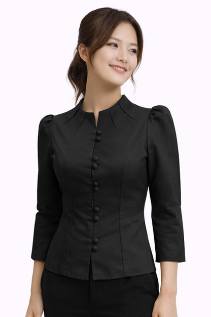 Ladies authentic Thai silk blouse for women with elegant 3/4 sleeves, Mandarin collar, traditional fabric-covered buttons, tailored fitted silhouette and puff shoulders. Women's Classic Thai formal shirt inspired by traditional Thai clothing, ideal for weddings, temple visits, cultural ceremonies, festivals, office wear and special occasions. Premium women's Thai blouse Amazon Etsy eBay Siam Regal