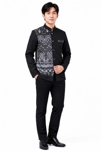 Men's Thai Wedding Attire Black Traditional Cotton Silk Jacket Formal Groom Outfit Thailand Marriage Ceremony Clothing