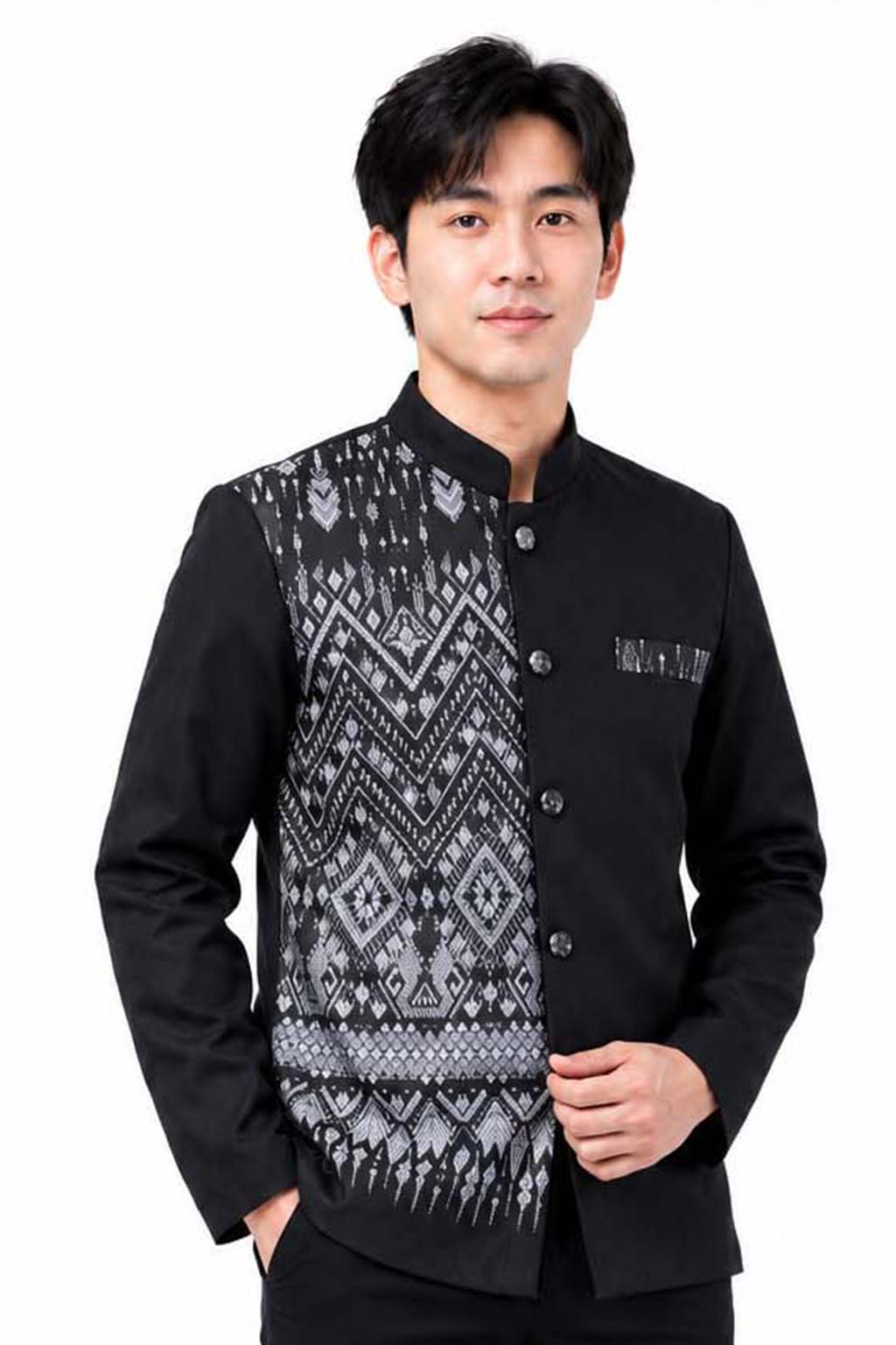 Men's Thai Wedding Attire Black Traditional Cotton Silk Jacket Formal Groom Outfit Thailand Marriage Ceremony Clothing