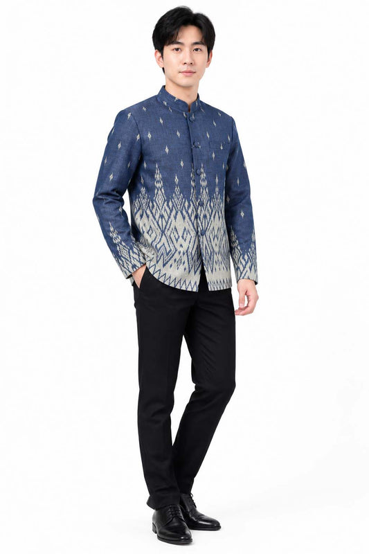 Men's Traditional Thai Jacket Blue Cotton Silk Blend Mandarin Collar Formal Wedding Shirt Thailand Cultural Ceremony Clothing