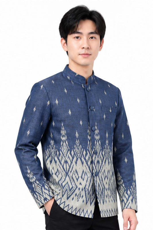 Men's Traditional Thai Jacket Blue Cotton Silk Blend Mandarin Collar Formal Wedding Shirt Thailand Cultural Ceremony Clothing