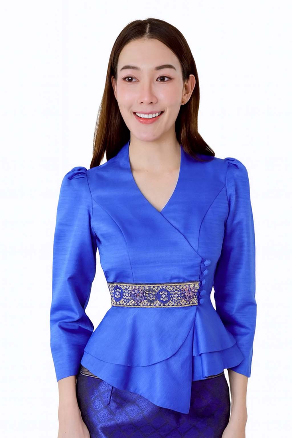 Ladies authentic Thai silk blouse for women with elegant long sleeves, V-neck wrap-style neckline, decorative fabric-covered buttons, traditional Thai woven waist trim and layered peplum hem. Tailored fitted silhouette inspired by classic Thai clothing, perfect for weddings, temple visits, cultural ceremonies, festivals, formal events and special occasions. Amazon Etsy eBay Siam Regal