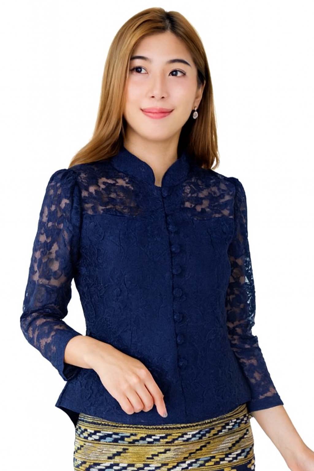 Ladies authentic Thai lace blouse for women featuring elegant floral lace, long sleeves, Mandarin collar, traditional fabric-covered buttons and a tailored fitted silhouette. Paired with a traditional Thai patterned sarong skirt, this classic Thai formal outfit is perfect for weddings, temple visits, cultural ceremonies, festivals, receptions and special occasions. Amazon Etsy eBay Siam Regal