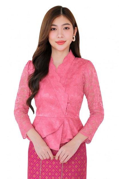 Ladies authentic Thai lace blouse for women featuring elegant floral lace, long sleeves, scalloped high neckline, wrap-style design, decorative fabric-covered buttons, peplum waist and tailored fitted silhouette. Paired with a traditional Thai patterned sarong skirt, this classic Thai outfit is perfect for weddings, temple visits, cultural ceremonies, festivals, formal events and special occasions. Amazon Etsy eBay Siam Regal