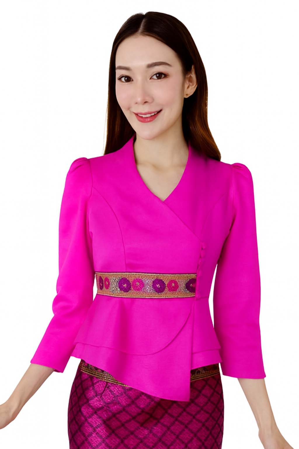 Ladies authentic Thai silk blouse for women with elegant long sleeves, V-neck wrap-style neckline, decorative fabric-covered buttons, traditional Thai woven waist trim and layered peplum hem. Tailored fitted silhouette inspired by classic Thai clothing, perfect for weddings, temple visits, cultural ceremonies, festivals, formal events and special occasions. Amazon Etsy eBay Siam Regal