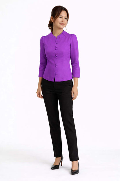 Ladies authentic Thai silk blouse for women with elegant 3/4 sleeves, Mandarin collar, traditional fabric-covered buttons, tailored fitted silhouette and puff shoulders. Women's Classic Thai formal shirt inspired by traditional Thai clothing, ideal for weddings, temple visits, cultural ceremonies, festivals, office wear and special occasions. Premium women's Thai blouse Amazon Etsy eBay Siam Regal